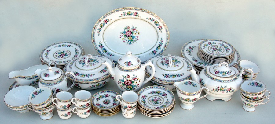 A large quantity of Coalport Ming Rose pattern tea ware including teapot, coffee pot, cups &