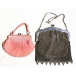 An early 20th century Alpaca white metal mesh evening purse; together with a scallop shaped silk