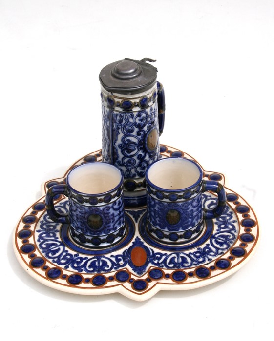 A 19th century majolica beer set consisting of a jug, two tankards and a tray. - Image 2 of 2