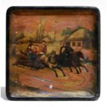 A Russian lacquer tray decorated with figures in a horse drawn sledge in a snowy landscape, 19cms (