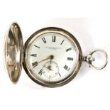 A Victorian silver cased full hunter pocket watch, the white enamel dial with Roman numerals and