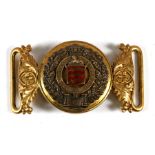 A Victorian officers Essex Regiment two part gilt and enamel belt buckle. Overall width 9.5cms (3.