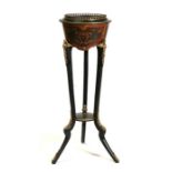 A late 19th century French inlaid walnut ebonised gilt metal mounted jardiniere stand, 88cms (34.