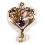 An Art Nouveau 9ct gold pearl & amethyst pendant.
