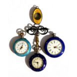 A group of three silver and enamel fob watches, one with an enamel fob brooch; together with a