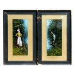 C N French - a pair of oil paintings on board - Boy in a Punt - and - Girl with a Rake - both