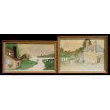 A pair of English Naive school country scene paintings, one initialled 'JWM', gouache, framed &