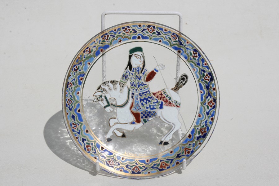 An early 20th century Persian design glass dish decorated with a figure on horseback, 15cms (6ins) - Image 2 of 2