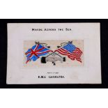 An early 20th century RMS Carmania Hands Across the Sea silk postcard