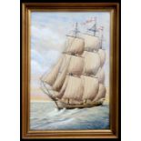 I I Hurbers (?) - Seascape with Three-Masted Sailing Ship - signed lower left, watercolour, framed &