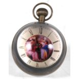 A bulls eye glass desk weight clock with skeleton movement, 7.2cms (3ins) diameter; together with