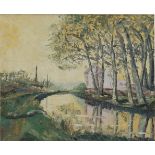 20th century school - Farmhouse by a River - oil on board, framed, 50 by 40cm (19.5 by 15.75ins).