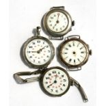 Three trench watches; together with a silver cased fob watch (4).