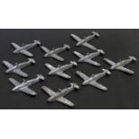 Ten WW2 cast aluminium British fighter aircraft with unusual hanging loop to the top. Wingspan 14cms