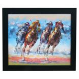 Modern British - Racehorses at Full Gallop - oil on canvas, framed, 60 by 50cms (23.5 by 19.75ins).