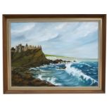Jemrins - Coastal Scene with Ruin on a Cliff Top - signed lower left, oil on canvas, framed, 59 by