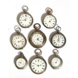 A group of eight silver cased fob watches.