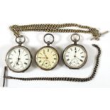 Three silver cased open faced pocket watches; together with a silver pocket watch chain and a silver