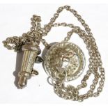 A silver plated Officer's cross belt whistle and chain with lion head circular boss.