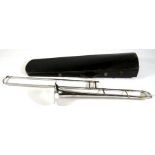 A silver plated Hawkes & Co. Class A trombone, in original wooden case.