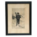 Otto Leyde RSA - Boy on a Beach - etchcing, framed & glazed, 15 by 25cms (6 by 9.75ins).