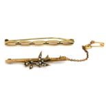 A 14ct gold bar brooch; together with a gold & seed pearl bar brooch (2).