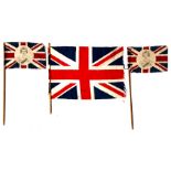 Two 1953 Queen Elizabeth II Coronation printed cotton flags 24cms (9.5ins) by 15cms (6ins) on wooden