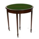 An Edwardian mahogany demi-lune card table on square tapering legs with spade feet, 77cms (30.25ins)