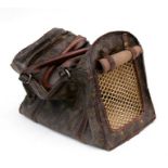 A Louis Vuitton style (?) pet carrier with zip top and gilt brass grille, 35cms (13.5ins) long.