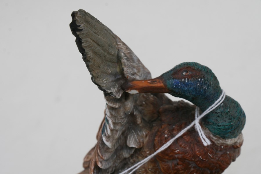 Two Jean Gille painted bisque bird groups depicting a quail and a mallard, each with JG blue - Image 8 of 8