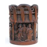 A Chinese bamboo brush pot decorated with figures, 18cms (7ins) high.Condition Report Some age