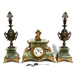A late 19th / early 20th century French green marble and gilt metal mounted clock garniture, the