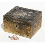 A Japanese antimony box decorated in relief with dragons and having a shibayama style inset panel to