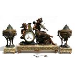 A French bronzed spelter & figured green marble clock garniture, the white enamel dial with Arabic