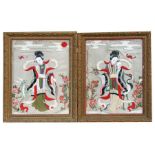 A pair of 19th century Chinese textile padded pictures depicting robed ladies with a crane and a