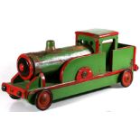 A vintage painted wooden pull-along locomotive, 82cms (32.25ins) long.
