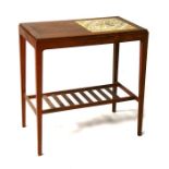 A mid 20th century teak tile top occasional table with slatted under-tier, 71cms (28ins) wide.