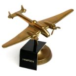 A brass model of the WW2 medium bomber the Handley Page Hampden with spinning propellers mounted