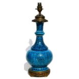 A Theodore Deck (French 1823-1891) faience Persian blue Islamic vase lamp with gilt metal mounts,