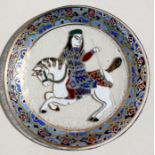 An early 20th century Persian design glass dish decorated with a figure on horseback, 15cms (6ins)