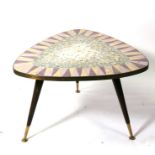 A mid 20th century mosaic tile top triangular occasional table, 79cms (31ins) wide.