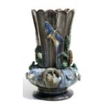 A 19th century Palissy ware majolica vase decorated in relief with lizards, frogs and insects, 28cms
