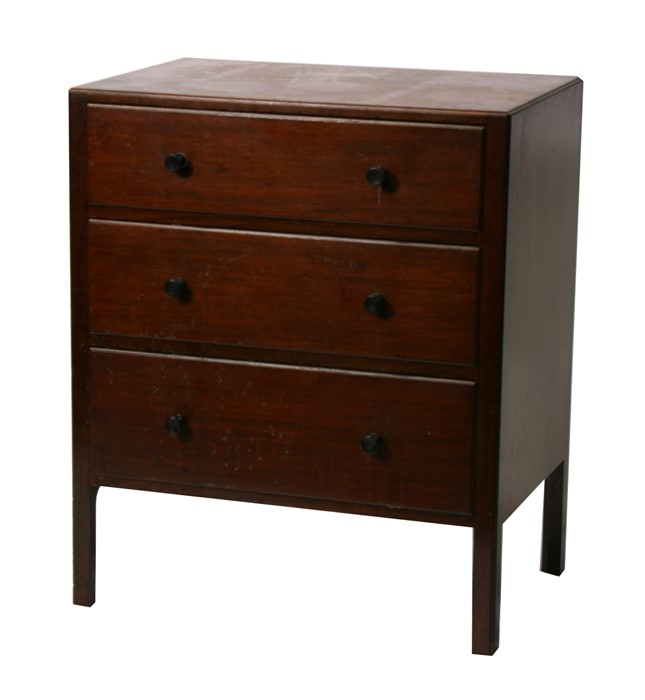 A Heal & Son Ltd early 20th century mahogany chest of three long graduated drawers, on square