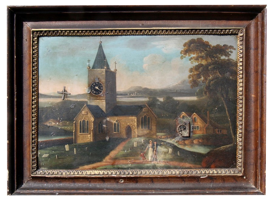 A 19th century Automaton picture clock depicting figures by a church (later movement), overall 70 by
