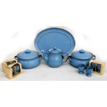 A quantity of blue Denby stoneware to include tureens, teapot, egg cups and meat plate.