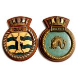 Two hand painted aluminium ships plaques or crests to HMS Zulu and HMS Dolphin, both mounted on