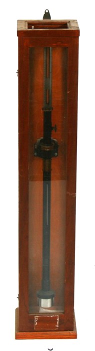 An early 20th century ship's stick barometer thermometer mounted on a gimble bracket, 90cms (35.