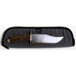 An antler handled steel bladed Bowie type knife, 34cms (13.25ins) long.