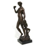 After Michael Angelo - a bronze group depicting Bacchus and fawn, bearing signature 'E Nahcept',