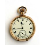 A Waltham gold plated open faced pocket watch, the enamel dial with Roman numerals and subsidiary